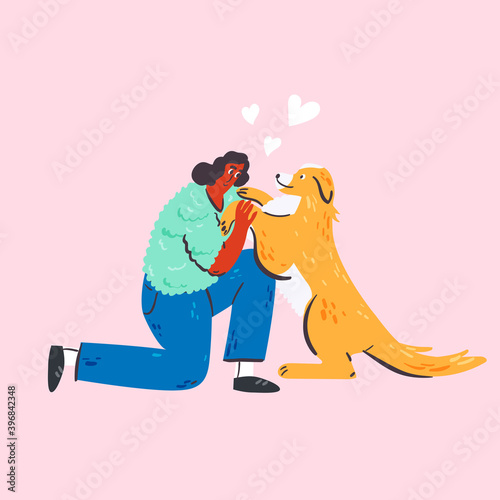 Man playing with lovely dog  cartoon illustration. Cute domestic animal friend hand drawn doodle banner design. Veterinary concept art.