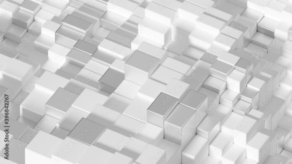Fast Dynamic Cube Waves Loop 1 Silver x White: surface of cube shapes moving and waving with complex fast motion. Abstract smooth squares in gray silver and matte white. Energy in motion. Fast Dynamic Cube Waves Loop 1 Silver x White: surface of cube shapes moving and waving with complex fast motion. Abstract smooth squares in gray silver and matte white. Energy in motion.
