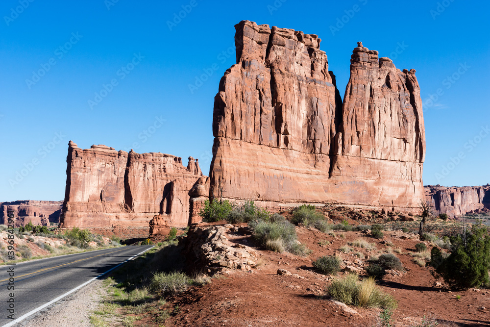 Red rock formations at Park Avenue Viewpoint in Arches National Park - Utah, USA