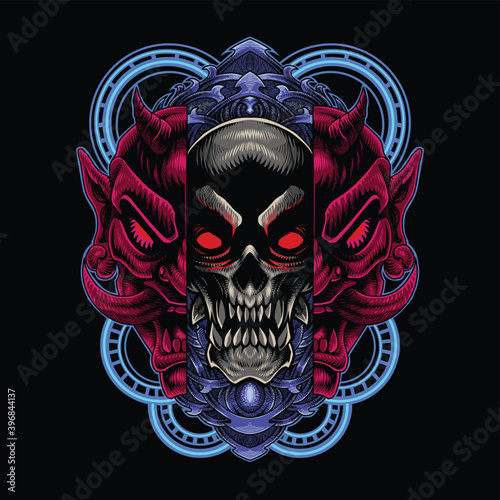 Skull head mascot logo with oni mask