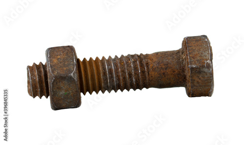 The rusty nut and bolt isolated on white background photo