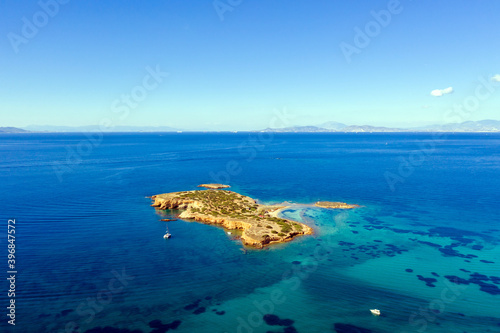 Aerial drone view of Ydrousa or Katramonisi island. Athens Greece