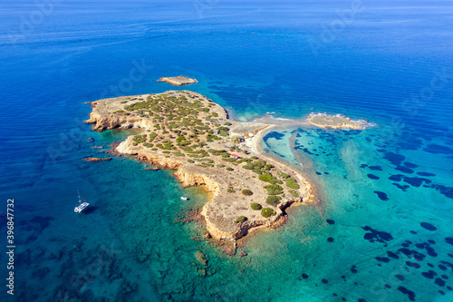 Aerial drone view of Ydrousa or Katramonisi island. Athens Greece