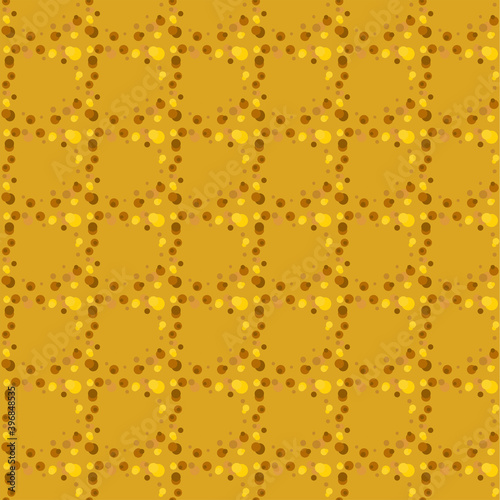 Fortuna gold geometric pattern of small, large circles and bubbles. Fortuna gold background with yellow, brown abstract