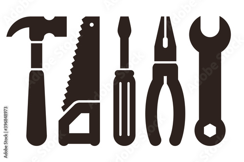 Hammer, saw, screwdriver, pliers and wrench. Tools icon