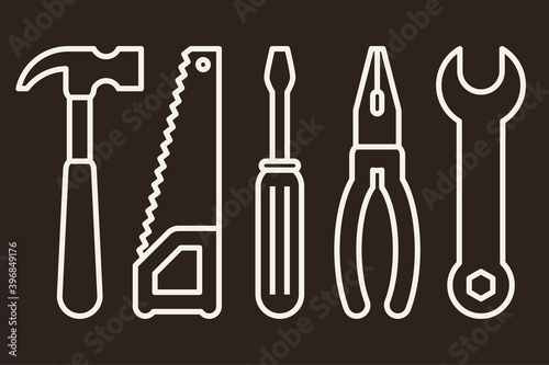 Hammer, saw, screwdriver, pliers and wrench. Tools icon