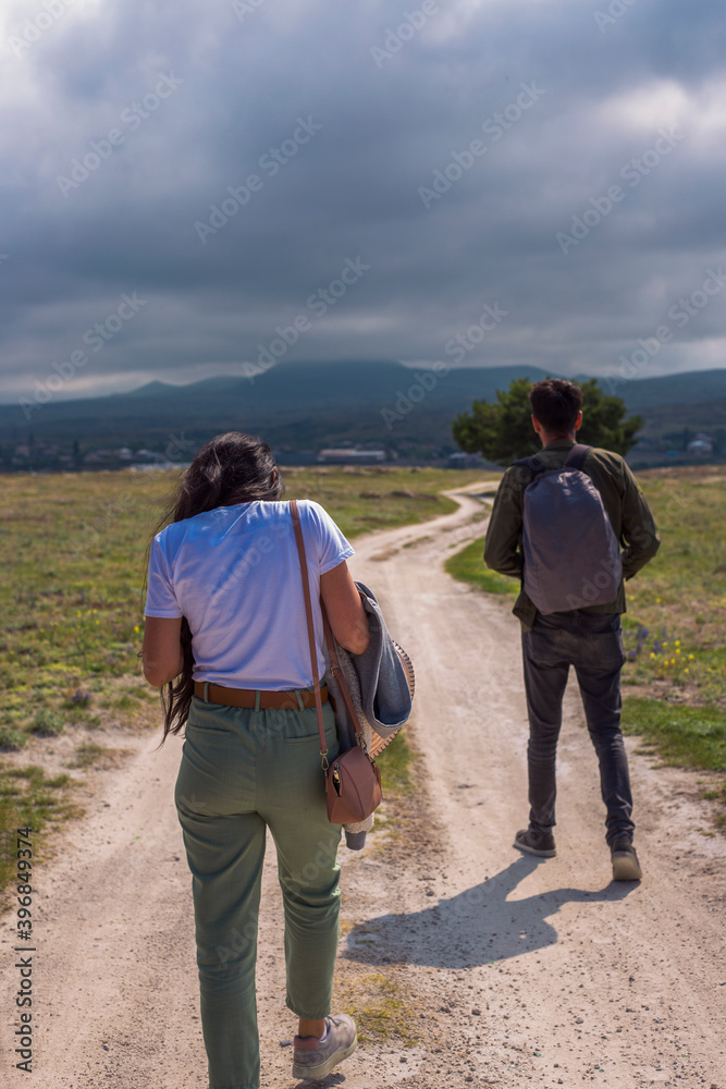 Hiking couple walking, travel sport lifestyle concept