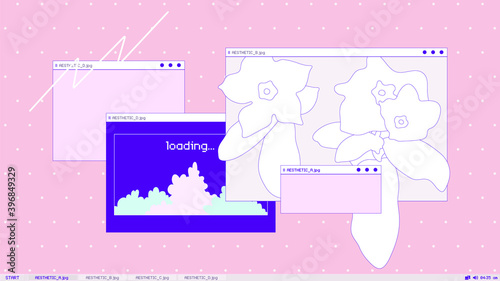 Vintage/retro OS style desktop, taskbar and frame with tropical outline flowers, bright pastel pink and ultramarine color scheme, simple illustration 90s inspired background template