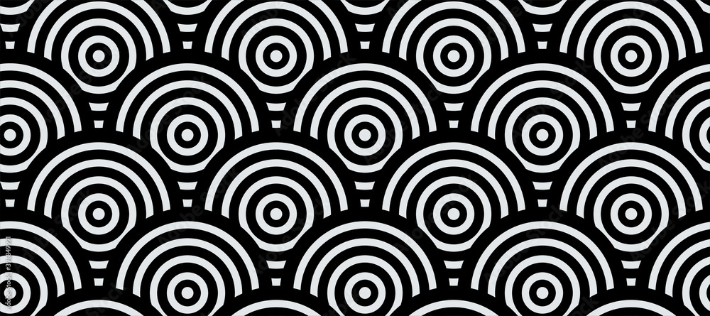Vector seamless pattern with concentric half circles. Japanese style geometric abstract tiles background.