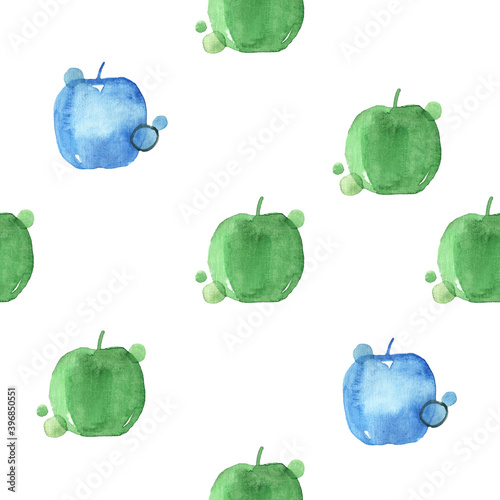 Seamless pattern illustration with green and blue apples isolated on white background