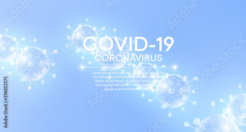 Virus particles on white blue background with COVID-19.  Coronavirus nCoV and biohazard symbol. Epidemic concept.  Vector illustration