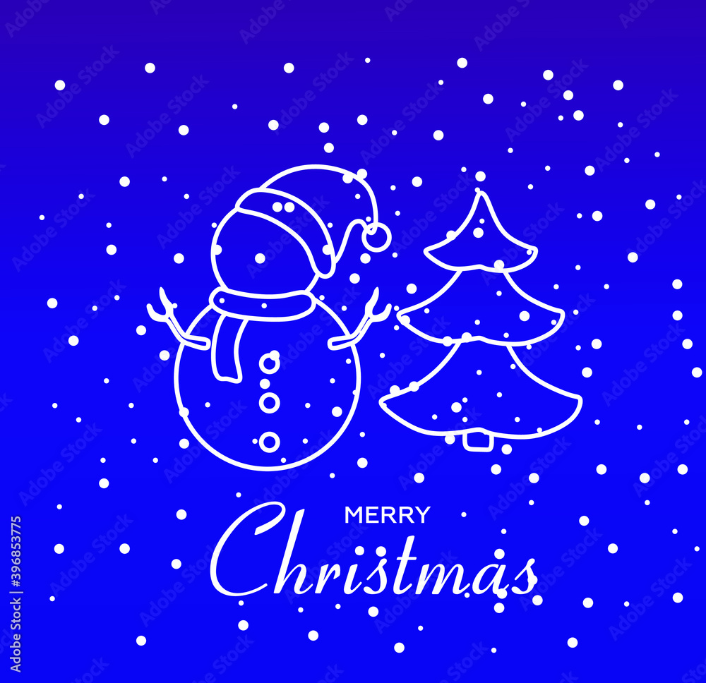 Fototapeta premium Силуэт елки и снеговика. Иллюстрация для открыток, плаката, баннера, приглашения. Векторная иллюстрация.