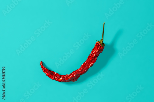 Red hot pepper dry pod casts shadow on a marine blue background. Natural spices and seasonings for meat, fish and vegetables dishes. Hard light studio shot.