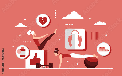 Weight loss, woman fitness training concept vector illustration. Cartoon tiny sportive female characters do sport exercises for body health, control weight on scales, healthy lifestyle background