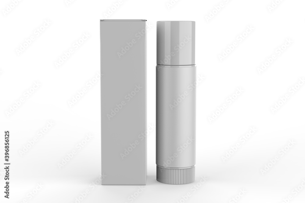 Multifunctional Empty Lip Balm Container Tubes with Twist Bottom and Top Cap and paper box. 3d render illustration. Multifunctional Empty Lip Balm Container Tubes with Twist Bottom and Top Cap and paper box. 3d render illustration.