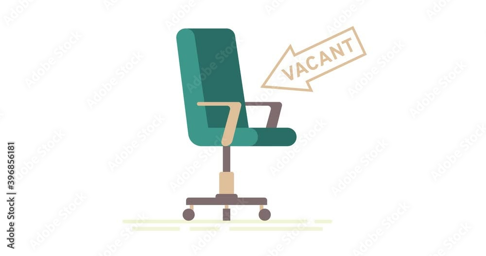 Open vacancy. Video saver. Office space. Empty office chair with vacant sign isolated on white background. We are hiring with office empty chair. Staffing and recruiting business concept. Open vacancy. Video saver. Office space. Empty office chair with vacant sign isolated on white background. We are hiring with office empty chair. Staffing and recruiting business concept.