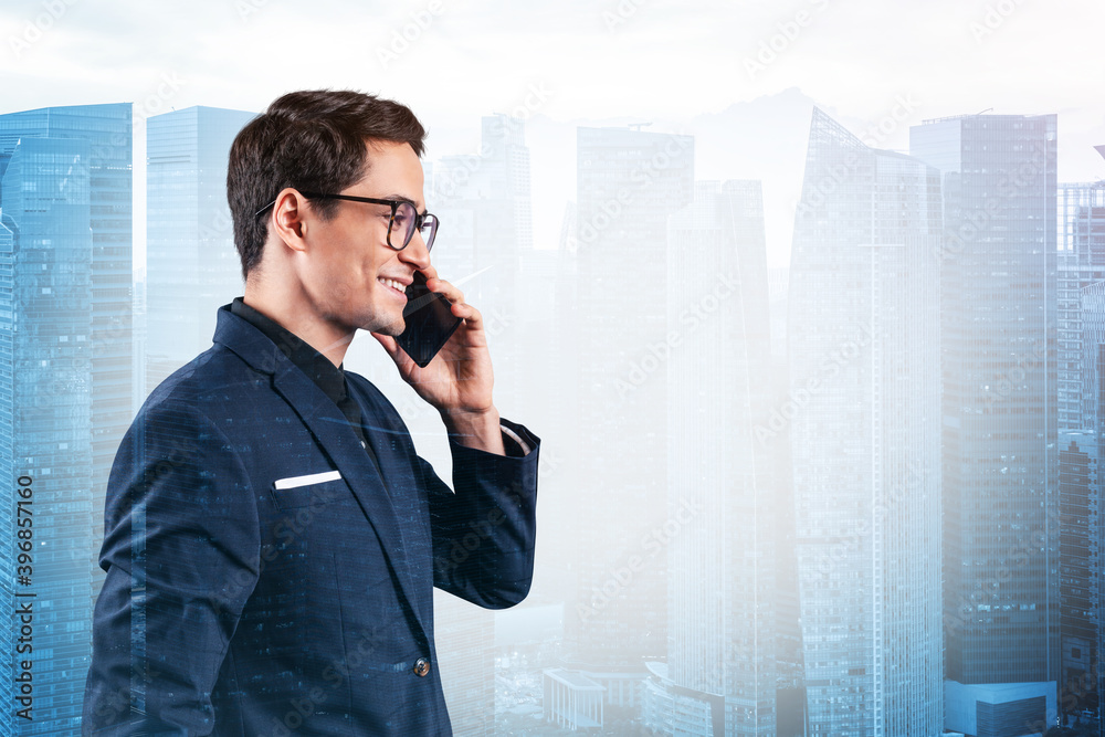 Prosperous handsome entrepreneur in suit and glasses pensively talking phone and looking on Singapore cityscape. The concept of problem solving consulting . Downtown view. Double exposure. Prosperous handsome entrepreneur in suit and glasses pensively talking phone and looking on Singapore cityscape. The concept of problem solving consulting . Downtown view. Double exposure.