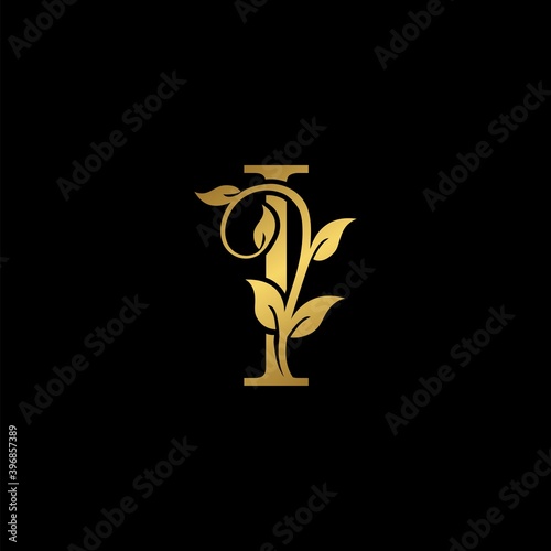 Golden Vintage Letter I Nature Floral Leaves logo icon.
