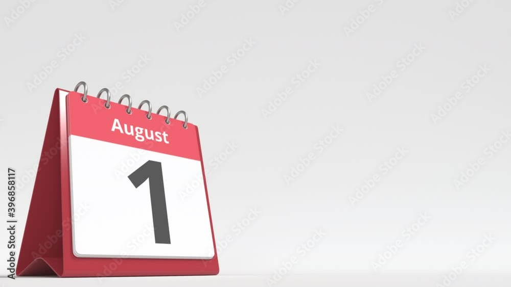 August 1 date on the flip desk calendar page, blank space for user text, 3d animation August 1 date on the flip desk calendar page, blank space for user text, 3d animation