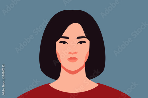Asian woman with black hair smiles and looks directly. Confident young female with white skin portrait front view on a blue background. Vector illustration.