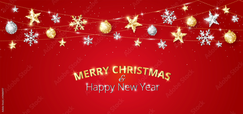 Naklejka premium Holiday banner with glitter decoration. Silver and gold sparkling frame. Vector Christmas border. Festive background with stars, snowflakes and balls. For winter season cards, headers, party posters.