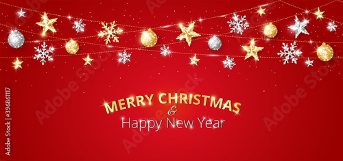 Holiday banner with glitter decoration. Silver and gold sparkling frame. Vector Christmas border. Festive background with stars, snowflakes and balls. For winter season cards, headers, party posters.