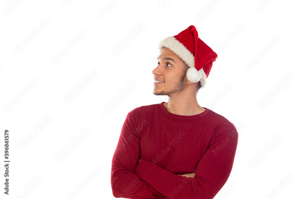 African guy wearing a Christmas hat isolated on white 