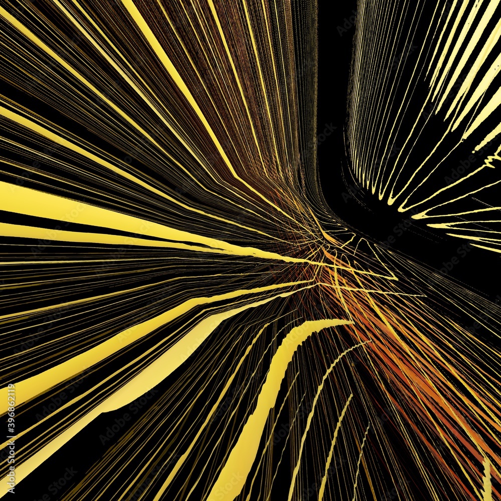 Obraz premium 3D Bright neon yellow gold spiral patterns on black background generating many intricate shapes and designs in a square format