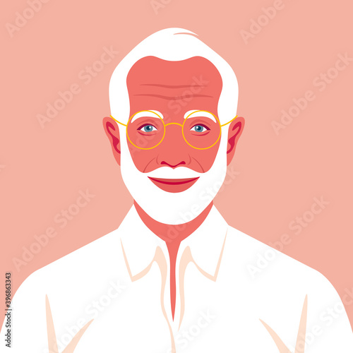 Portrait of an old man with beard and eyeglasses. Avatar of a happy grandfather. An Elderly businessman. Social networks. Vector flat illustration