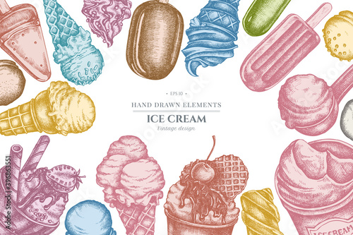 Design with pastel colored ice cream bowls, ice cream bucket, popsicle ice cream, ice cream cones, ice cream scoop, ice cream balls