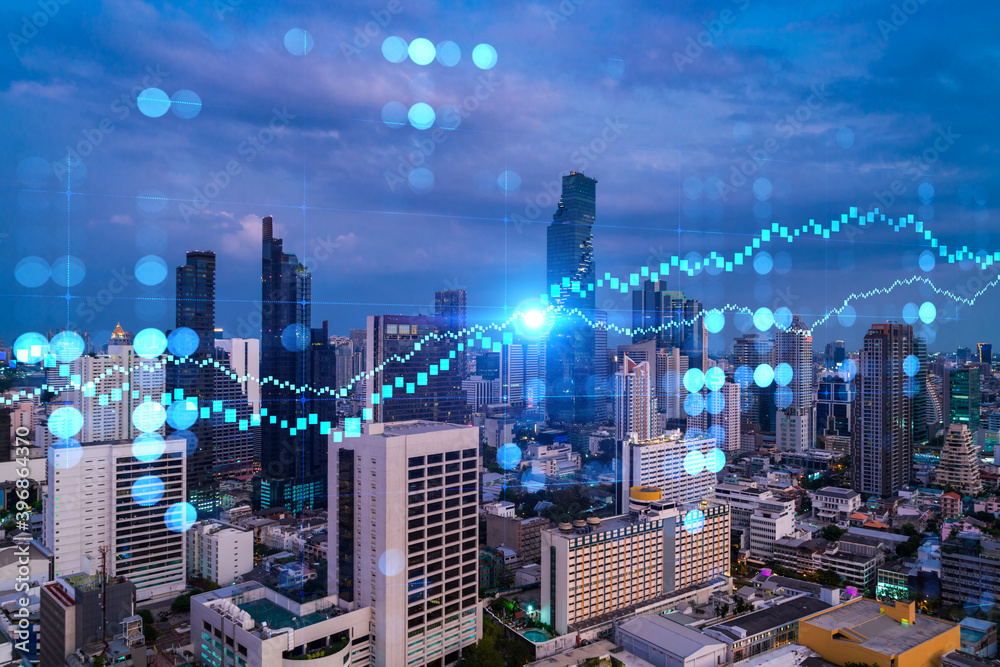 Obraz premium Glowing FOREX graph hologram, aerial panoramic cityscape of Bangkok at sunset. Stock and bond trading in Asia. The concept of fund management. Double exposure.