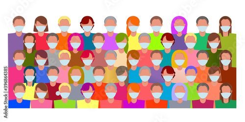A crowd of people in an antiviral mask. New Coronavirus (2019-nKoV). Quarantine Compliance Concept. Pandemic flu, virus, bacteria