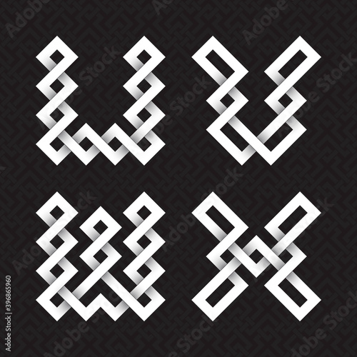 Font of interwoven strips. U, V, W, X white relief letters on a black patterned background.