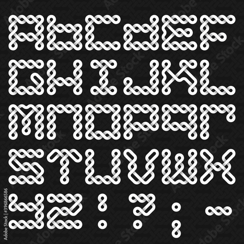 Font of twisted strips. Alphabet of white relief letters on a black patterned background.