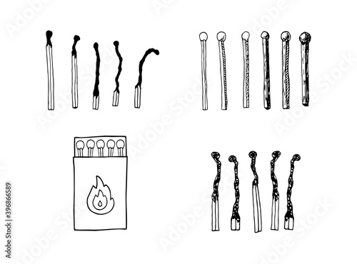Sketch vector safety matches Set. Hand drawn Wooden black new, burnt, box match sticks isolated on white background. Doodle different matchstick line symbol of Fire, Danger, burn monochrome collection