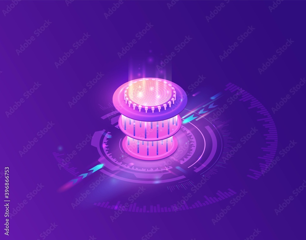 Quantum computer futuristic processor, chip with network, isometric ...