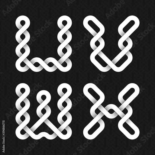 Font of twisted strips. U, V, W, X white relief letters on a black patterned background.