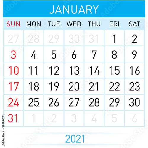 January Planner Calendar 2021. Illustration of Calendar in Simple and Clean Table Style for Template Design on White Background. Week Starts on Sunday
