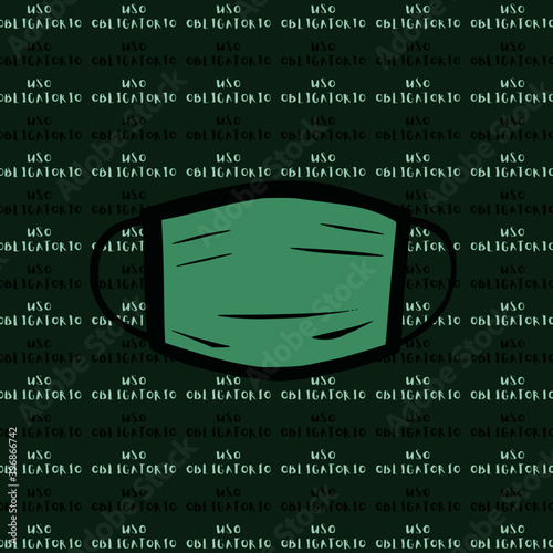 central illustration of medical mask and pattern with the words in Spanish mandatory use.