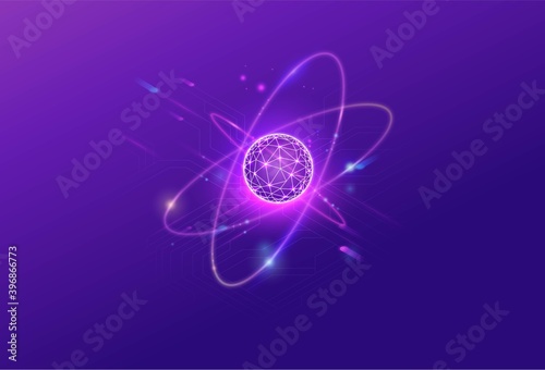 Quantum low poly wireframe icon, 3d vector physics symbol, neon glowing polygon illustration, good for futuristic concept