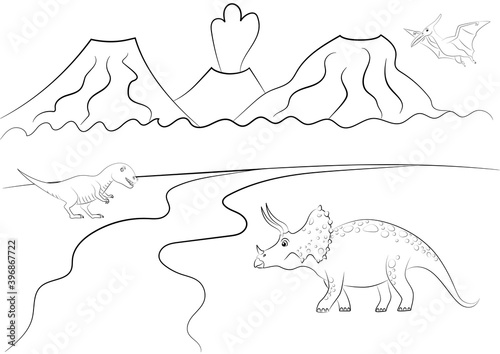 Coloring page outline of dinosaur on the background of nature. © Anastasiya