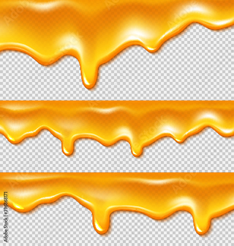 Dripping gold liquid honey borders isolated on transparent background. Vector realistic set of syrup flow with drops, oil, sticky caramel or sweet orange cream