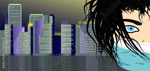 A woman in a medical mask on the background of the evening city. A girl in a mask during the coronavirus against the backdrop of skyscrapers in a big city. Vector illustration of a modern lifestyle.