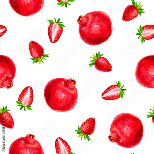 Fototapeta Naklejka Na Ścianę i Meble -  Seamless fruit pattern with pomegranates and strawberries on a white background.
