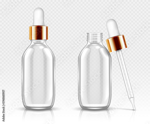 Realistic glass bottles with dropper for serum or oil. Cosmetic flask or vials for organic aroma essence, anti-aging essential collagen for beauty care, isolated transparent flacon 3d vector mock up