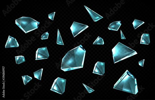 Broken glass shards isolated on black background, randomly scattered shattered pieces of crashed window, transparent ice crystal fragments with sharp edges, design elements, Cartoon vector icons set