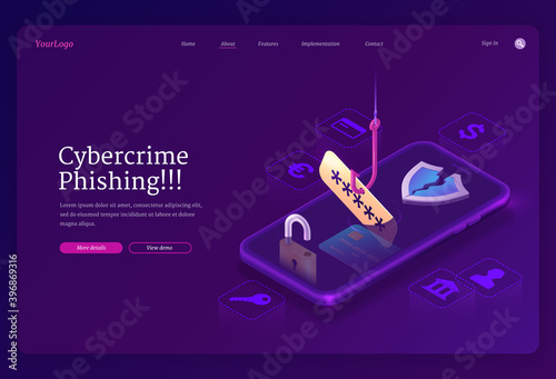 Phishing cybercrime isometric landing page. Fishing hook catch account password from smartphone screen. Scammer or fraud theft personal data in internet, hacking cyber crime, 3d vector web banner
