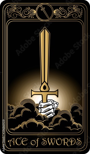 Ace of swords. Card of Minor arcana black and gold tarot cards. Tarot deck. Vector hand drawn illustration with skulls, occult, mystical and esoteric symbols.