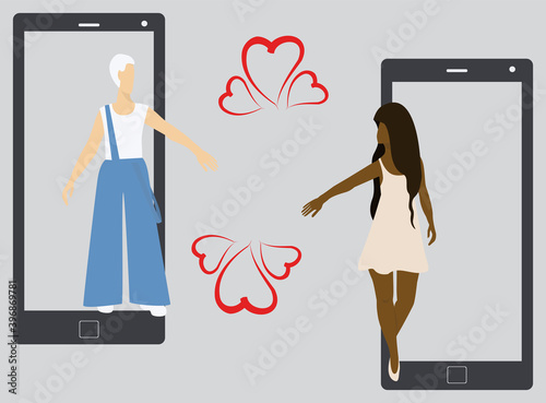 Invitation to a virtual walk. Valentine's Day.  Online dating. Red hearts. 