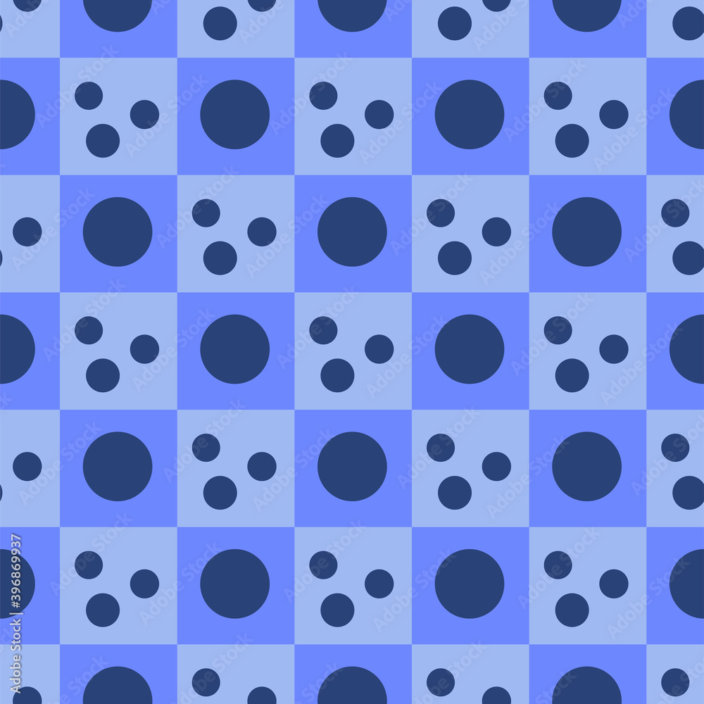 Blue geometric chess pattern of small and large circles and squares. Dark blue circles on a light-blue chess background. Blue geometric chess pattern of small and large circles and squares. Dark blue circles on a light-blue chess background.